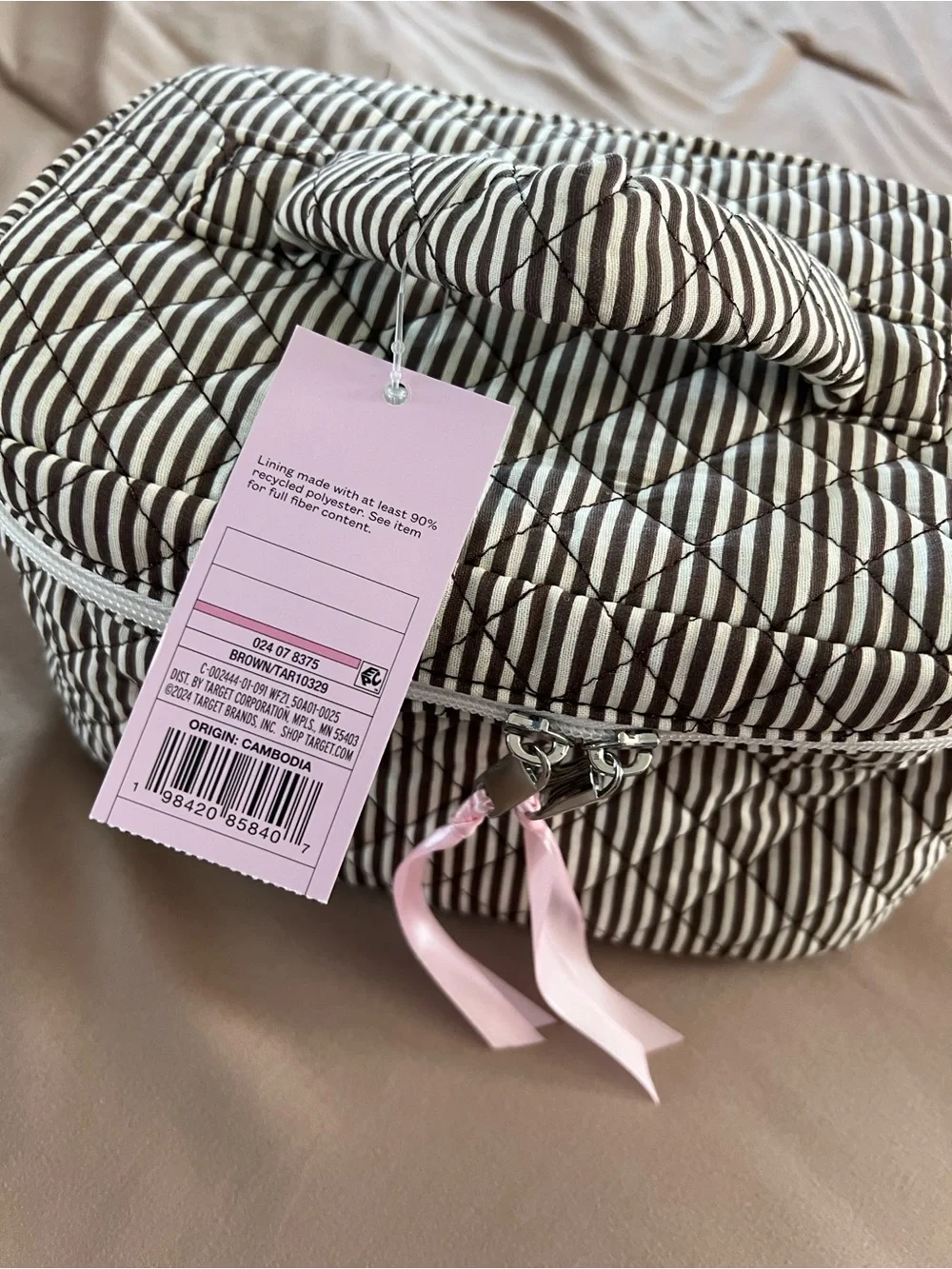 wild fable Brown & Cream Quilted Stripe Cosmetic Case with Pink Ribbon Zips